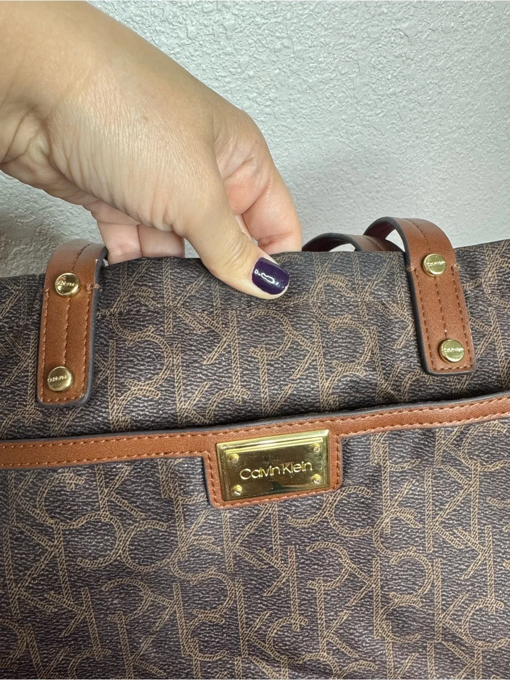 CALVIN KLEIN 🌟 Brown, Gold Monogram Logo Shoulder Tote, Dual Straps - Like NEW
